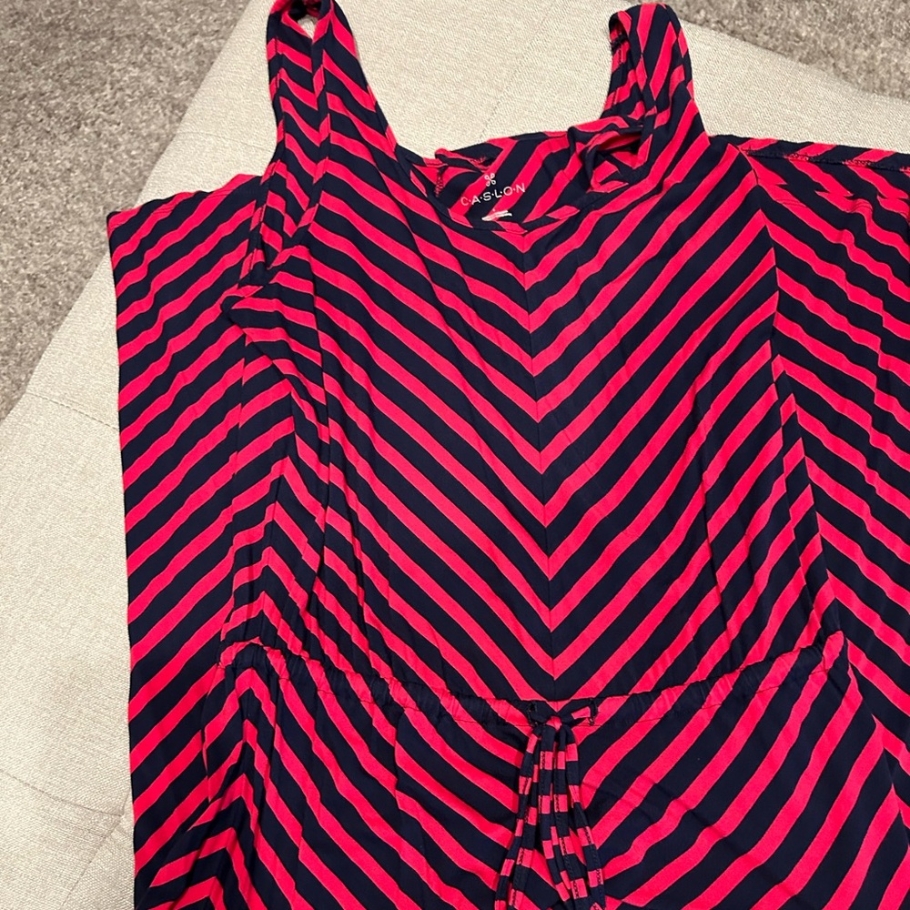 Red and blue striped maxi dress